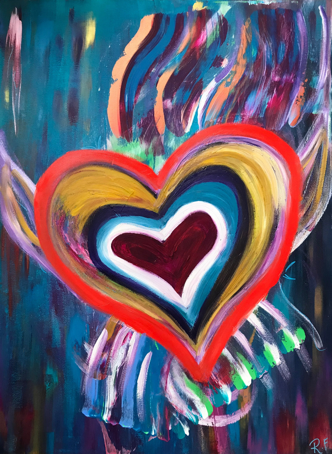Original artwork by Reni Fee titled Broken depicts a large and colorful heart.